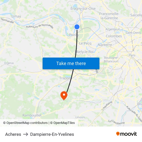 Acheres to Dampierre-En-Yvelines map