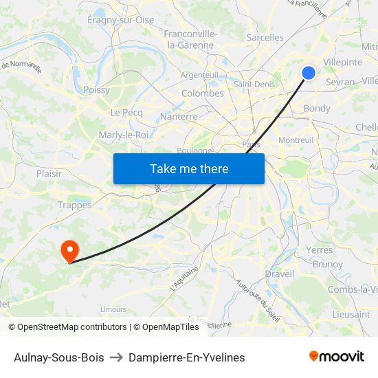 Aulnay-Sous-Bois to Dampierre-En-Yvelines map