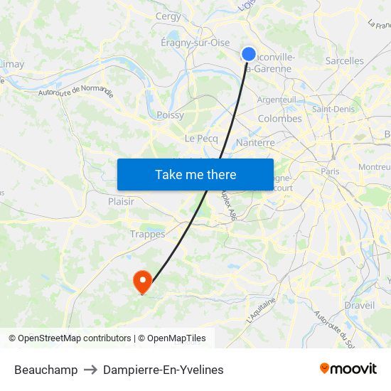 Beauchamp to Dampierre-En-Yvelines map