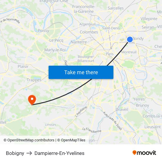 Bobigny to Dampierre-En-Yvelines map