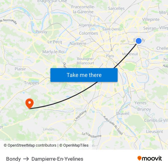 Bondy to Dampierre-En-Yvelines map