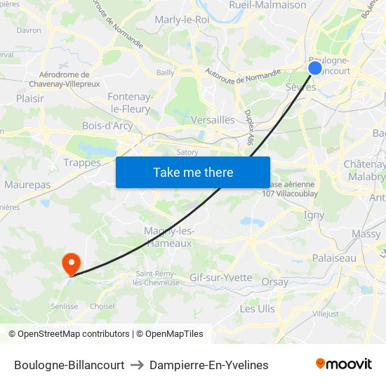 Boulogne-Billancourt to Dampierre-En-Yvelines map