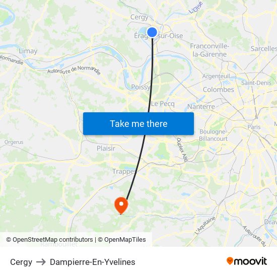 Cergy to Dampierre-En-Yvelines map