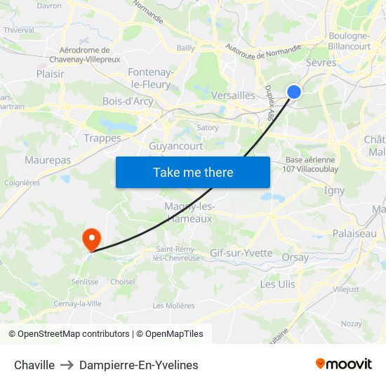 Chaville to Dampierre-En-Yvelines map