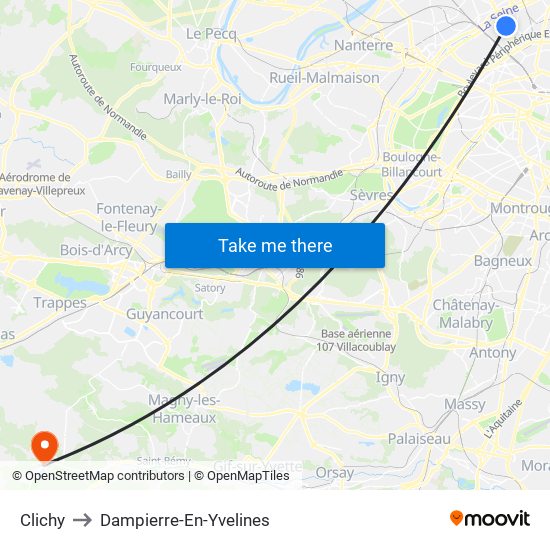 Clichy to Dampierre-En-Yvelines map
