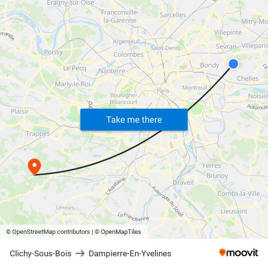 Clichy-Sous-Bois to Dampierre-En-Yvelines map
