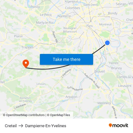 Creteil to Dampierre-En-Yvelines map
