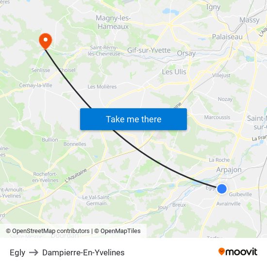 Egly to Dampierre-En-Yvelines map