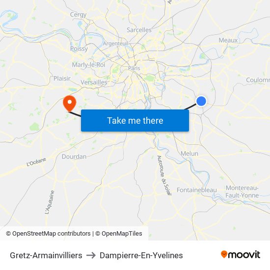 Gretz-Armainvilliers to Dampierre-En-Yvelines map