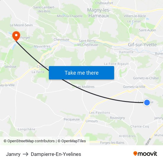 Janvry to Dampierre-En-Yvelines map