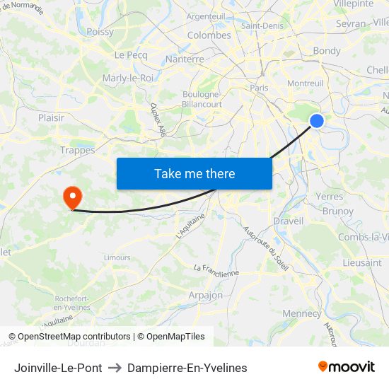 Joinville-Le-Pont to Dampierre-En-Yvelines map