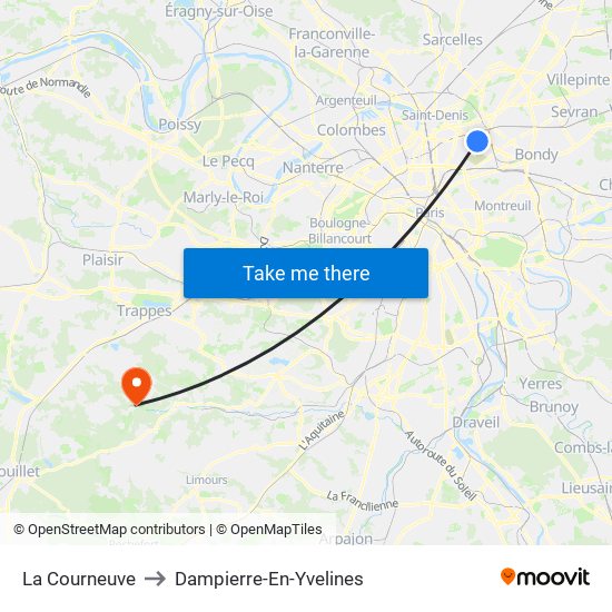 La Courneuve to Dampierre-En-Yvelines map