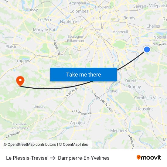 Le Plessis-Trevise to Dampierre-En-Yvelines map