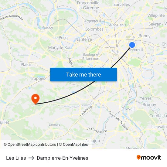 Les Lilas to Dampierre-En-Yvelines map