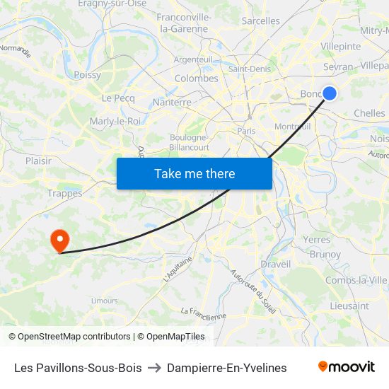 Les Pavillons-Sous-Bois to Dampierre-En-Yvelines map