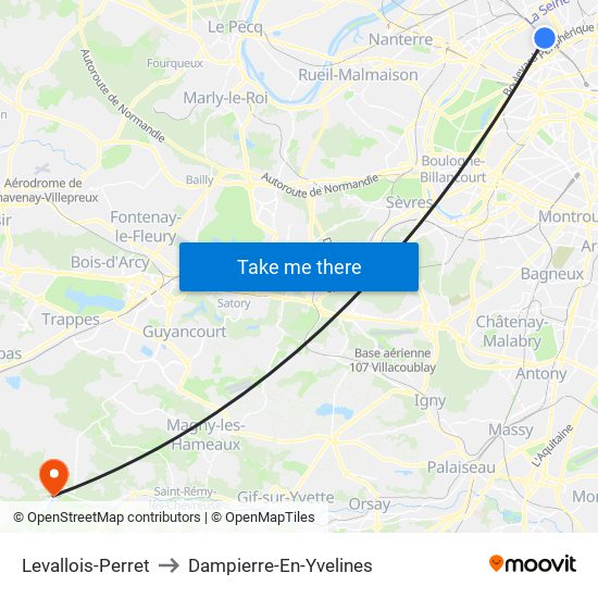 Levallois-Perret to Dampierre-En-Yvelines map