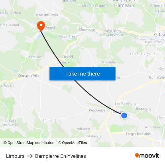 Limours to Dampierre-En-Yvelines map