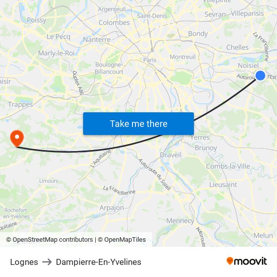 Lognes to Dampierre-En-Yvelines map