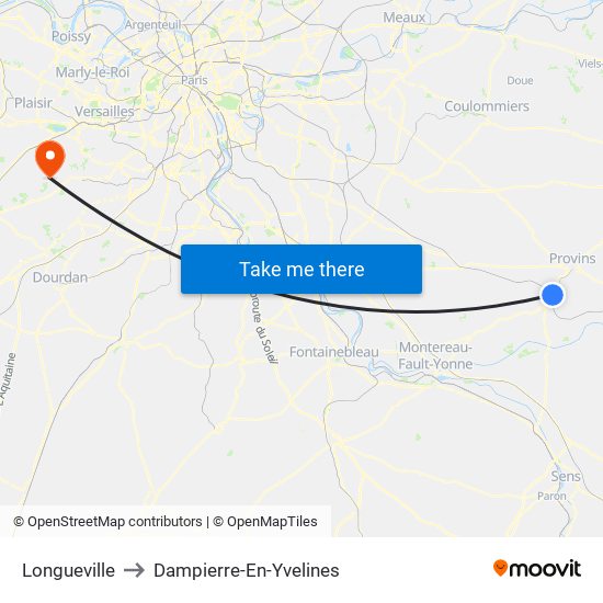 Longueville to Dampierre-En-Yvelines map