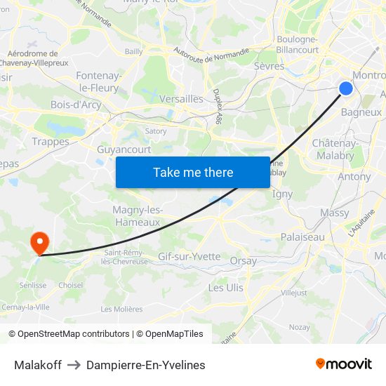 Malakoff to Dampierre-En-Yvelines map