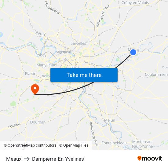 Meaux to Dampierre-En-Yvelines map