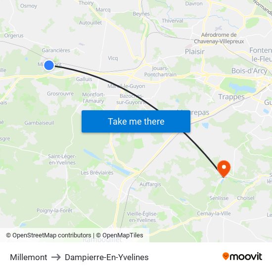 Millemont to Dampierre-En-Yvelines map