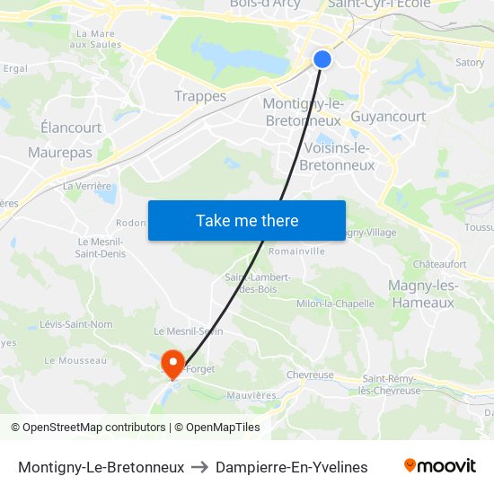 Montigny-Le-Bretonneux to Dampierre-En-Yvelines map
