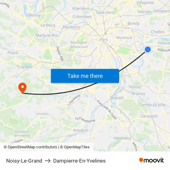 Noisy-Le-Grand to Dampierre-En-Yvelines map