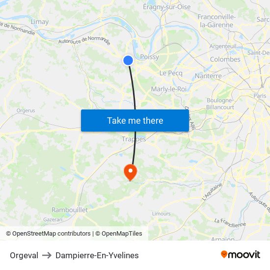 Orgeval to Dampierre-En-Yvelines map