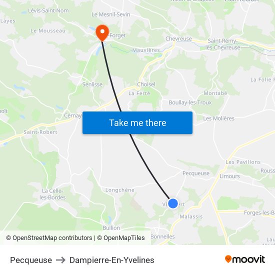 Pecqueuse to Dampierre-En-Yvelines map