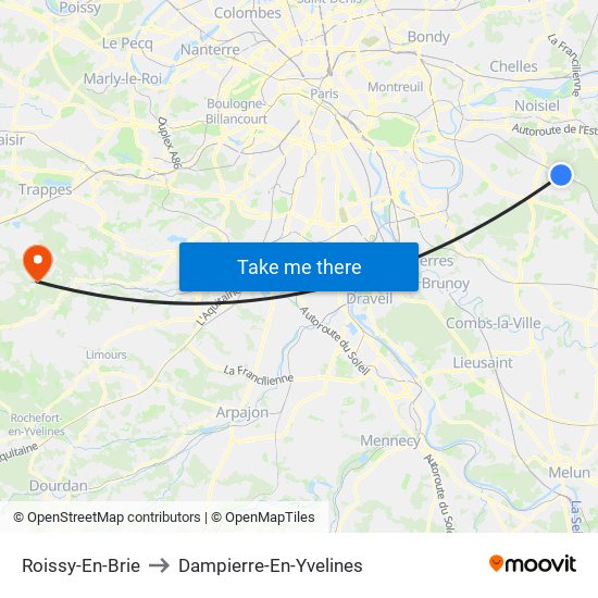 Roissy-En-Brie to Dampierre-En-Yvelines map