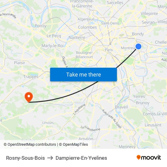 Rosny-Sous-Bois to Dampierre-En-Yvelines map