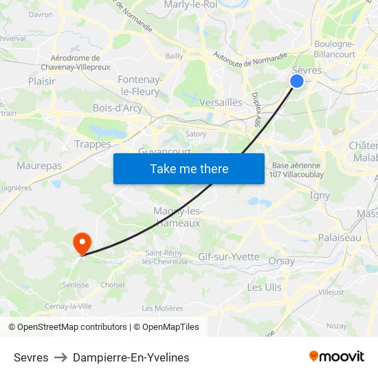 Sevres to Dampierre-En-Yvelines map