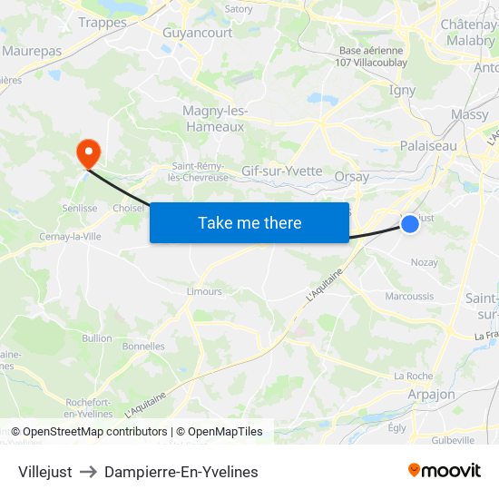 Villejust to Dampierre-En-Yvelines map