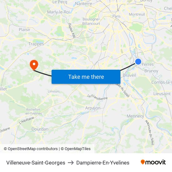 Villeneuve-Saint-Georges to Dampierre-En-Yvelines map