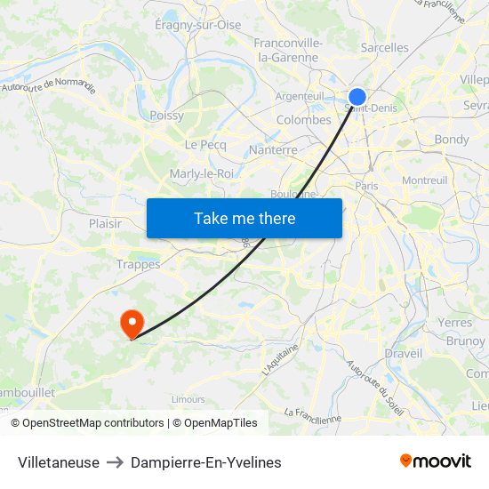 Villetaneuse to Dampierre-En-Yvelines map