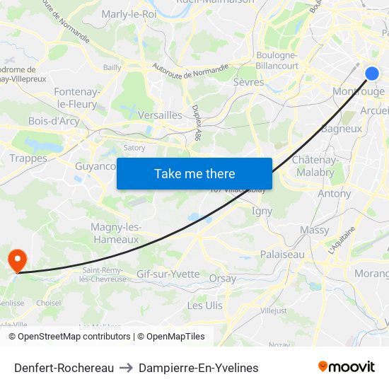 Denfert-Rochereau to Dampierre-En-Yvelines map