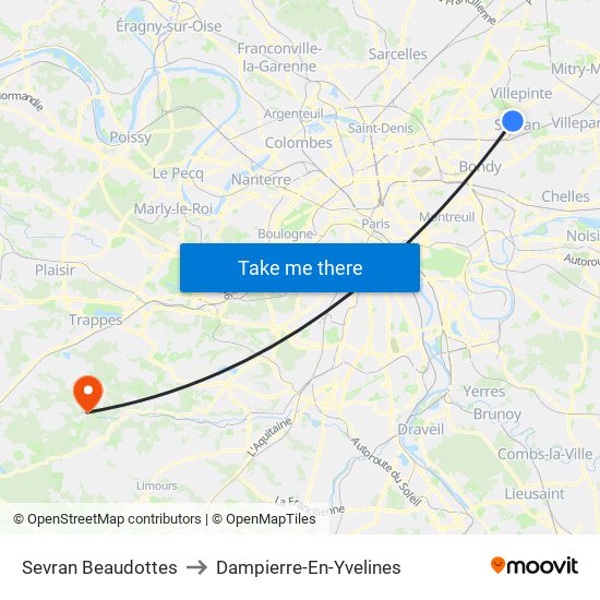 Sevran Beaudottes to Dampierre-En-Yvelines map