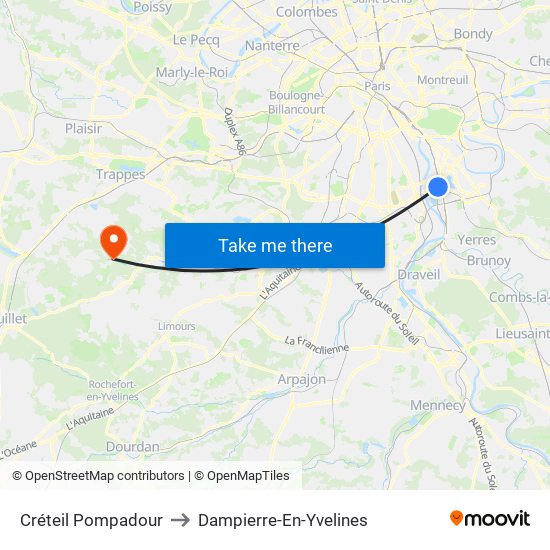 Créteil Pompadour to Dampierre-En-Yvelines map