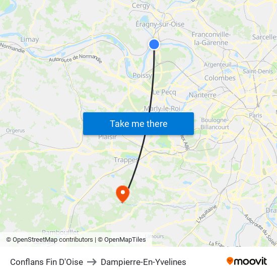 Conflans Fin D'Oise to Dampierre-En-Yvelines map