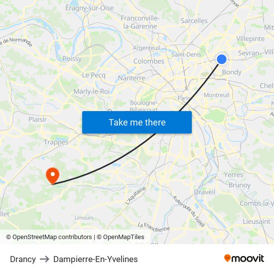 Drancy to Dampierre-En-Yvelines map