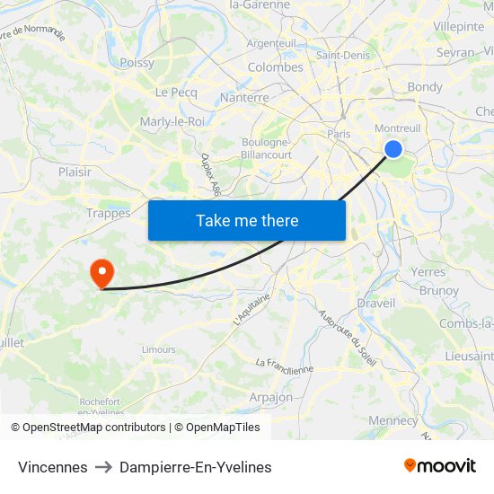 Vincennes to Dampierre-En-Yvelines map