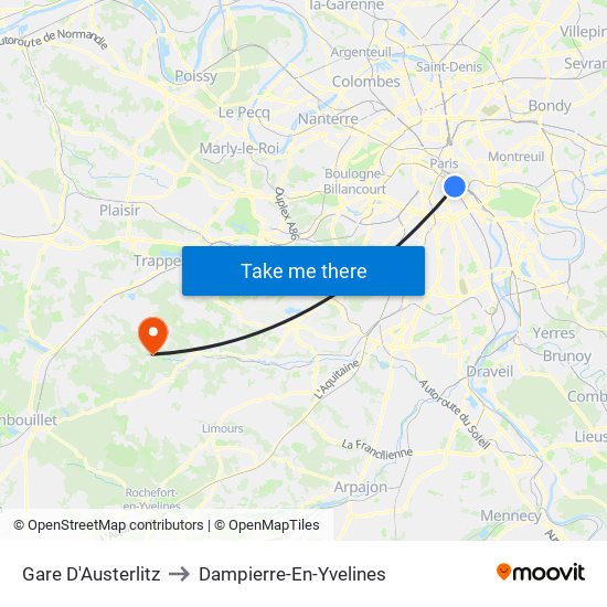 Gare D'Austerlitz to Dampierre-En-Yvelines map