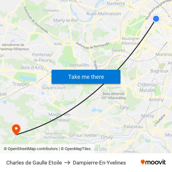 Charles de Gaulle Etoile to Dampierre-En-Yvelines map