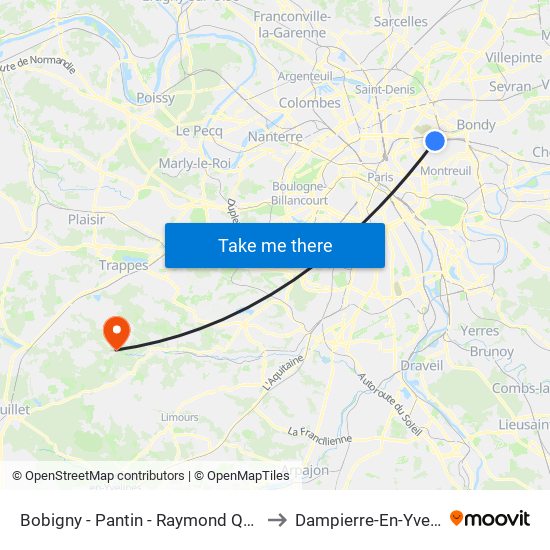 Bobigny - Pantin - Raymond Queneau to Dampierre-En-Yvelines map