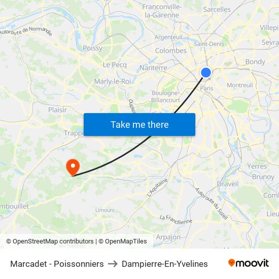 Marcadet - Poissonniers to Dampierre-En-Yvelines map