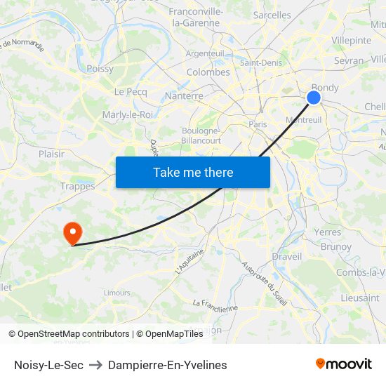 Noisy-Le-Sec to Dampierre-En-Yvelines map