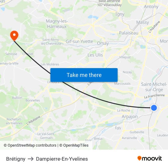 Brétigny to Dampierre-En-Yvelines map