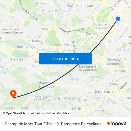 Champ de Mars Tour Eiffel to Dampierre-En-Yvelines map