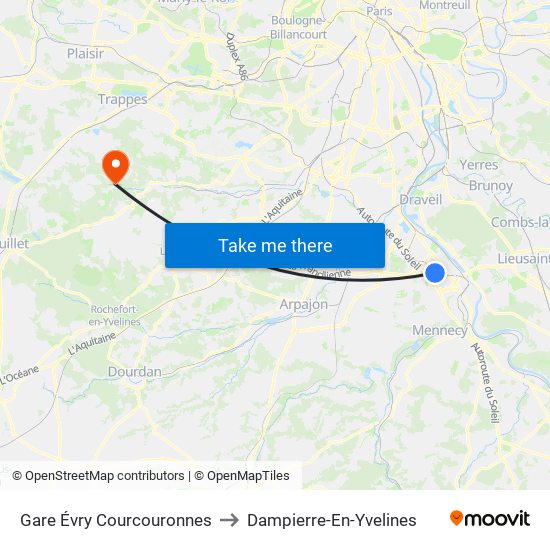Gare Évry Courcouronnes to Dampierre-En-Yvelines map